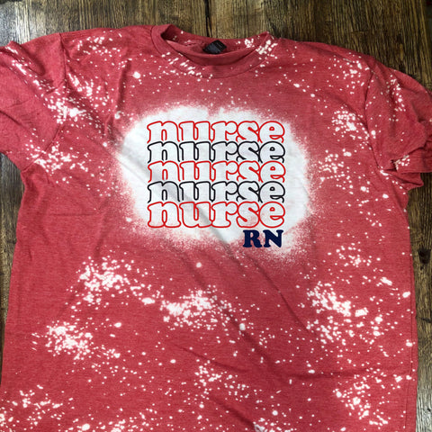 Retro Nurse Stacked Red Bleach T-Shirt - Red and Blue